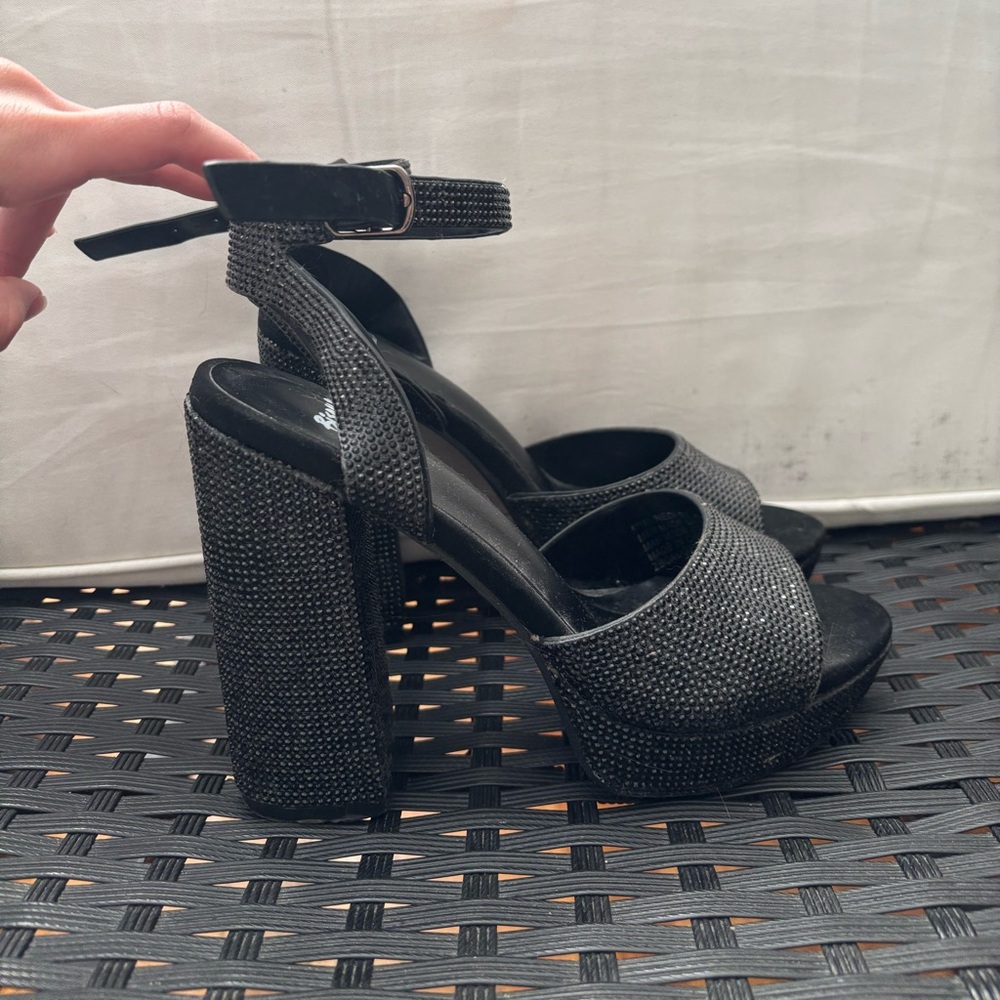 Embellished Black Platform Block Heel Sandals with Ankle Strap